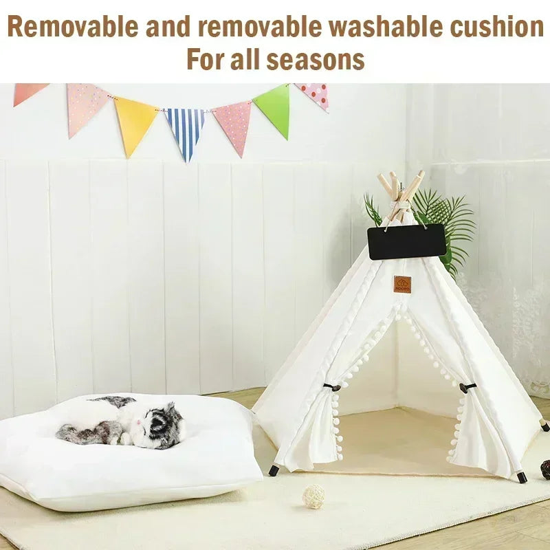 **"Luxury Pet Teepee Tent – Portable Indoor Dog & Cat House with Soft Cushion & Wooden Poles 🏕️