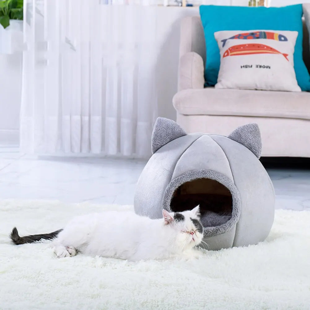 Self-Warming Cat & Dog Cave Bed – Plush Pet Tent House for Small Pets