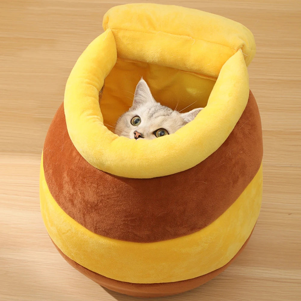 Honey Jar Cat Bed – Cozy Plush Pet House with Removable Cushion & Machine Washable Design