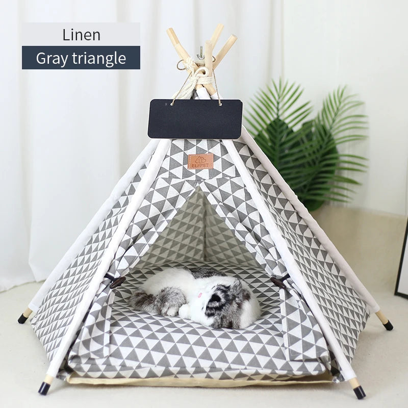 **"Luxury Pet Teepee Tent – Portable Indoor Dog & Cat House with Soft Cushion & Wooden Poles 🏕️