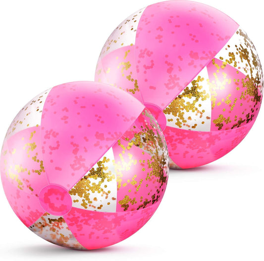 16 Inch Inflatable Glitter Beach Ball Confetti Balls Swimming Pool Balls Pink Beach Balls for Adult Boys Girls Summer Beach Pool Play Toys, Hawaii Luau Party Favor