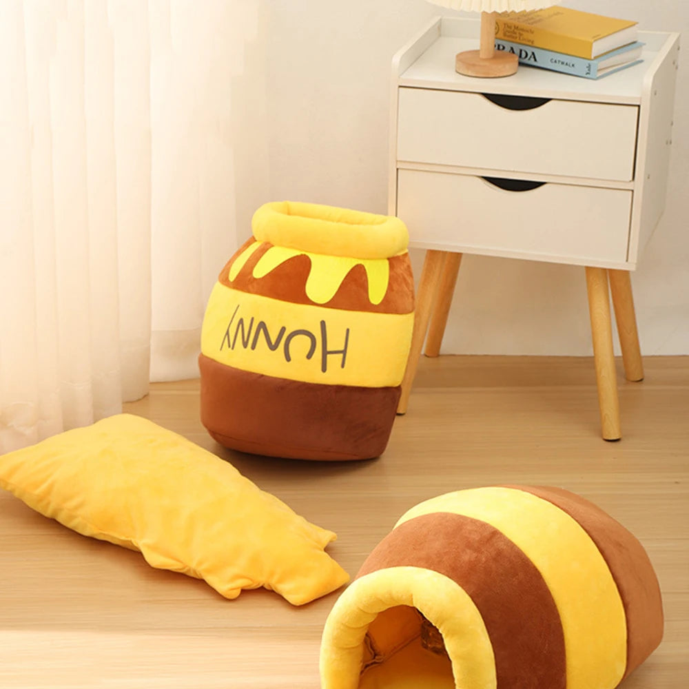 Honey Jar Cat Bed – Cozy Plush Pet House with Removable Cushion & Machine Washable Design