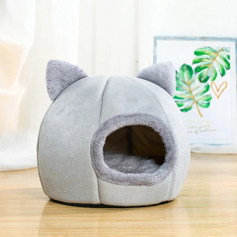 Self-Warming Cat & Dog Cave Bed – Plush Pet Tent House for Small Pets