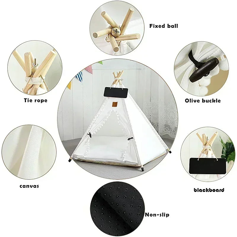 **"Luxury Pet Teepee Tent – Portable Indoor Dog & Cat House with Soft Cushion & Wooden Poles 🏕️