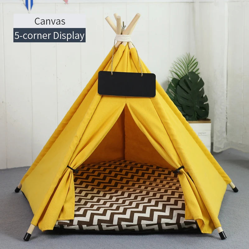 **"Luxury Pet Teepee Tent – Portable Indoor Dog & Cat House with Soft Cushion & Wooden Poles 🏕️